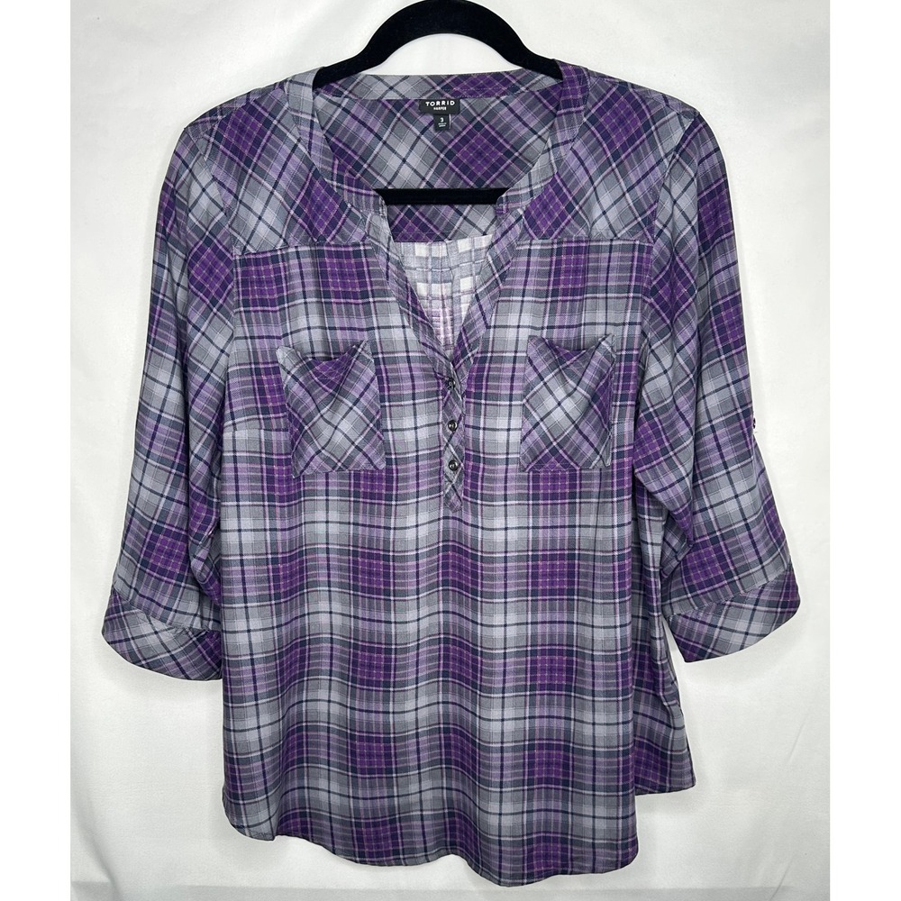 Torrid Harper Purple Grey Plaid Roll Tab Sleeve Blouse Streetwear Plus Size 3 3X